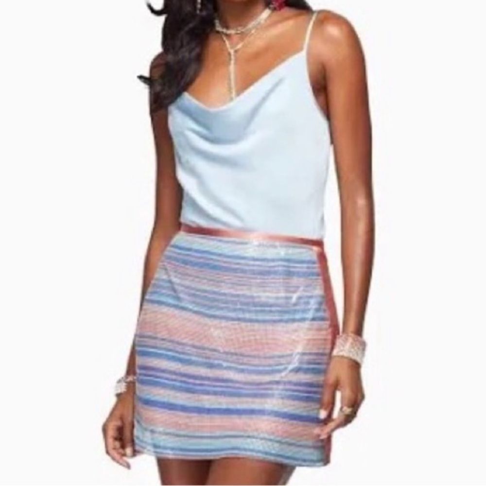 RAMY BROOK Skirt NWT Kate exclusive Chainmail Metallic Satin Mini Pink Blue  XS